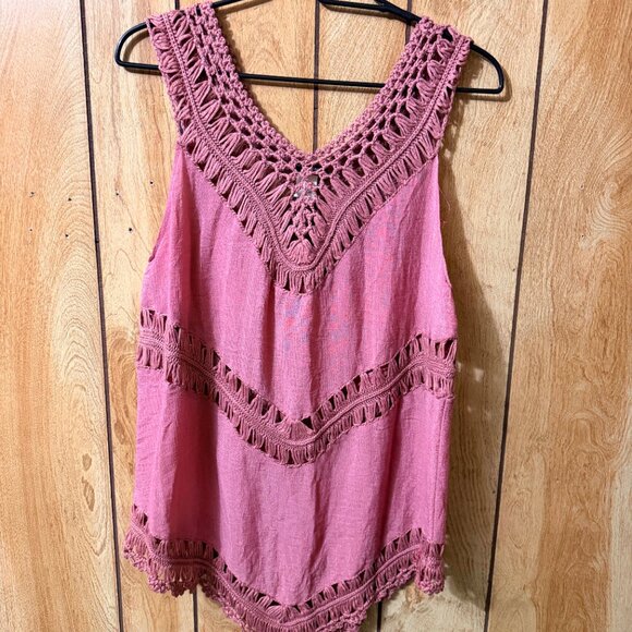 Vivid Importers ORLY Boho Macrame Fringe Tank Top Dusty Rose Pink Medium - Picture 3 of 3